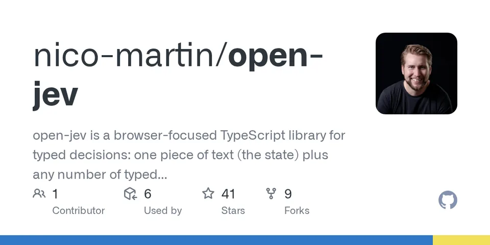 GitHub card for open-jev (browser TypeScript)